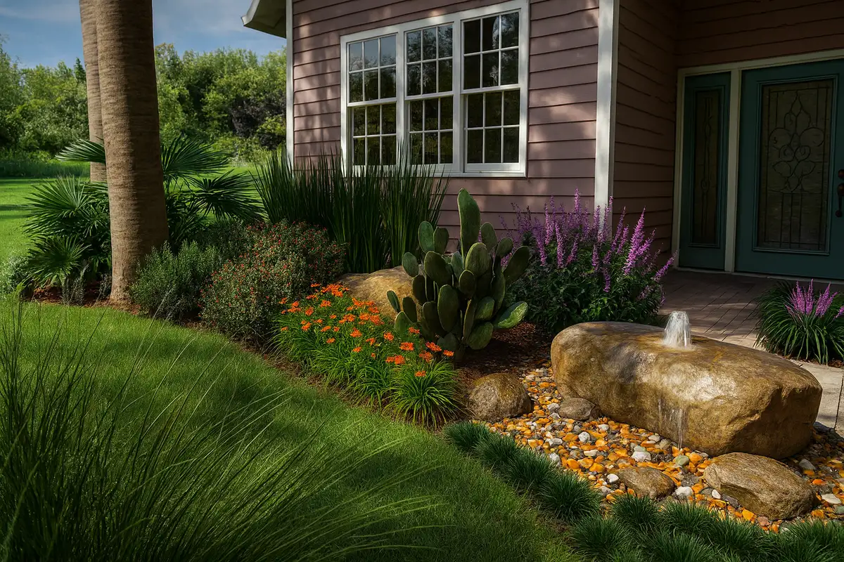3D rendering of a landscape design with natural stone and native plantings