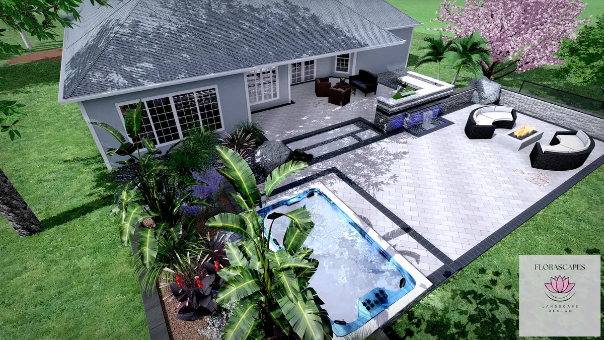 Detailed 3D model review for patio scale, planting layers, and circulation