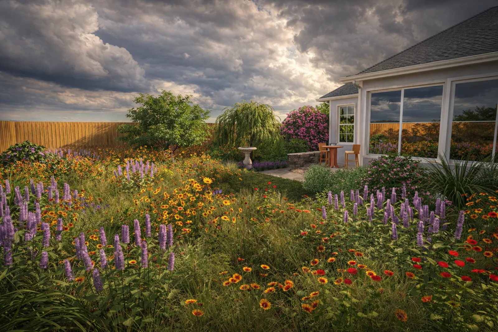 3D rendering of a naturalistic wildflower garden with sunroom in Northeast Florida